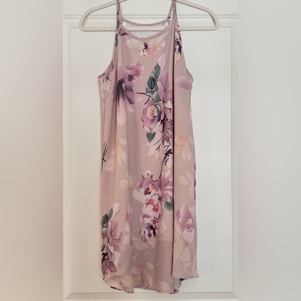 Pastel Dusty Pink Floral Halter Swing Mini Dress